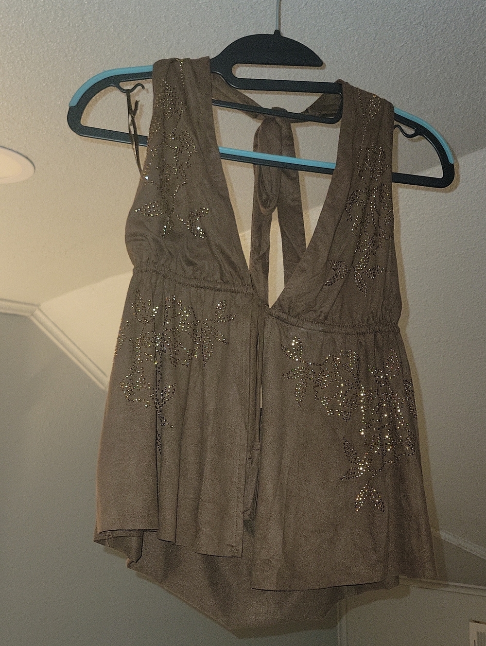 Soft Velvet Suede Feel Sleeveless Taupe Embellished V-Neck Top